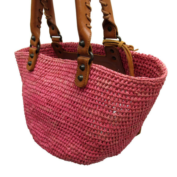 Balenciaga Brown Raffia Basket Leather Bag Pink - Picture 1 of 5